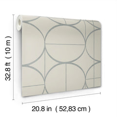 The Sun Circles Wallpaper by York Wallcoverings features a gray geometric circle pattern and comes in a roll measuring 32.8 ft (10 m) long and 20.8 in (52.83 cm) wide.