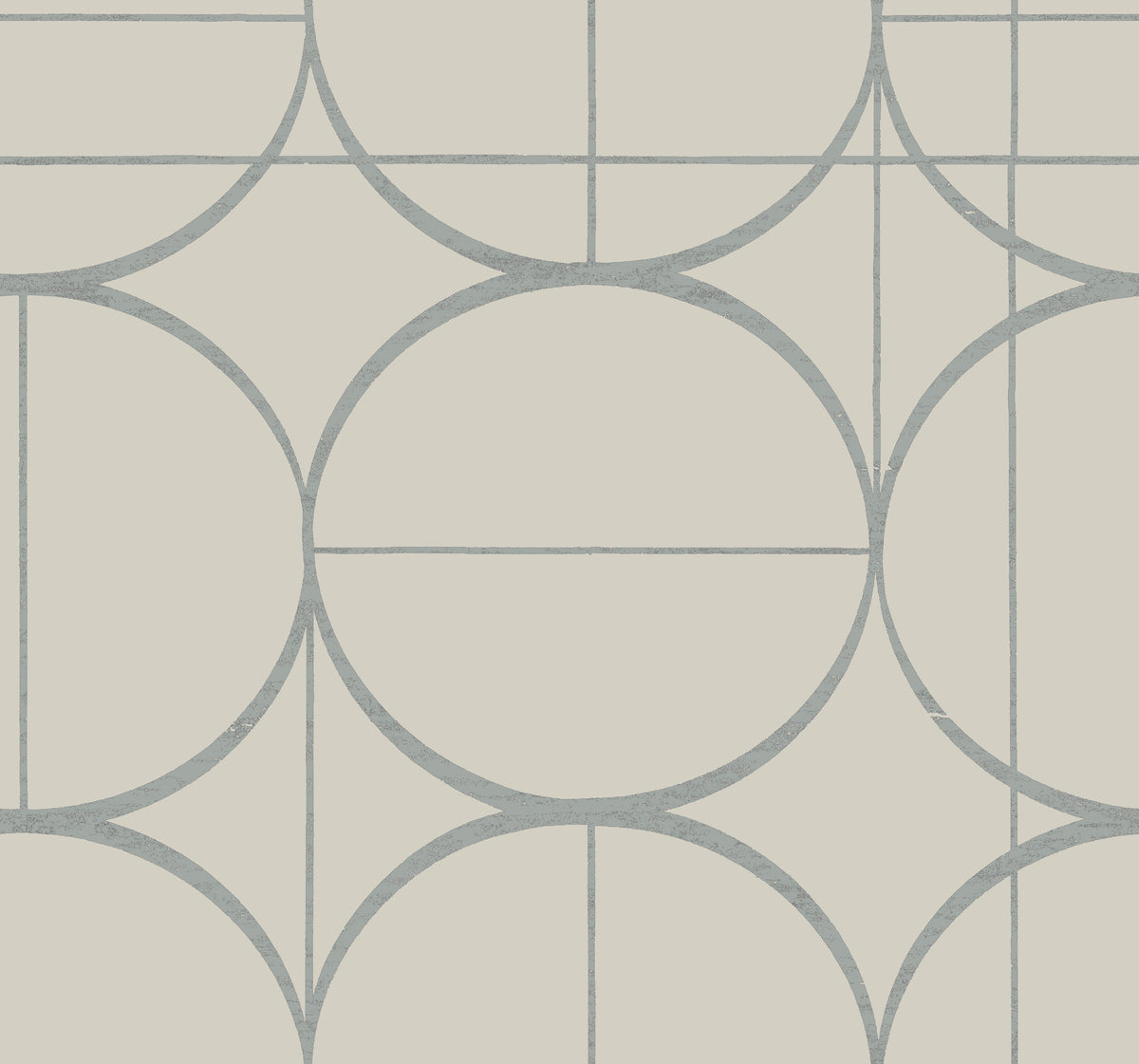 The Sun Circles Wallpaper by York Wallcoverings features a modern, abstract design with intersecting circles and straight lines in light gray on an off-white background.