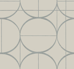 The Sun Circles Wallpaper by York Wallcoverings features a modern, abstract design with intersecting circles and straight lines in light gray on an off-white background.