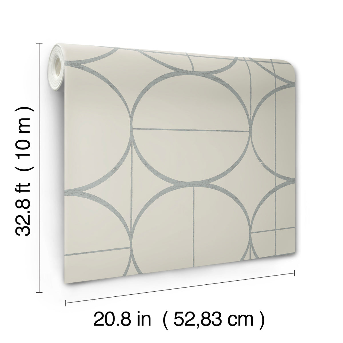 Sun Circles Wallpaper by York Wallcoverings features a modern geometric circle pattern in light gray and comes in a roll measuring 32.8 feet (10 meters) long by 20.8 inches (52.83 cm) wide.
