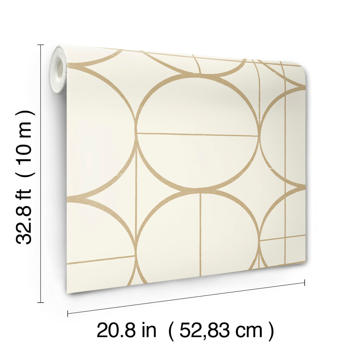 The Sun Circles Wallpaper by York Wallcoverings features a geometric gold circle pattern and comes in a roll measuring 32.8 ft (10 m) long and 20.8 in (52.83 cm) wide.