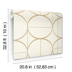 A roll of Sun Circles Wallpaper by York Wallcoverings, featuring a cream background with gold geometric circles and lines, measures 32.8 ft (10 m) in length and 20.8 in (52.83 cm) in width.