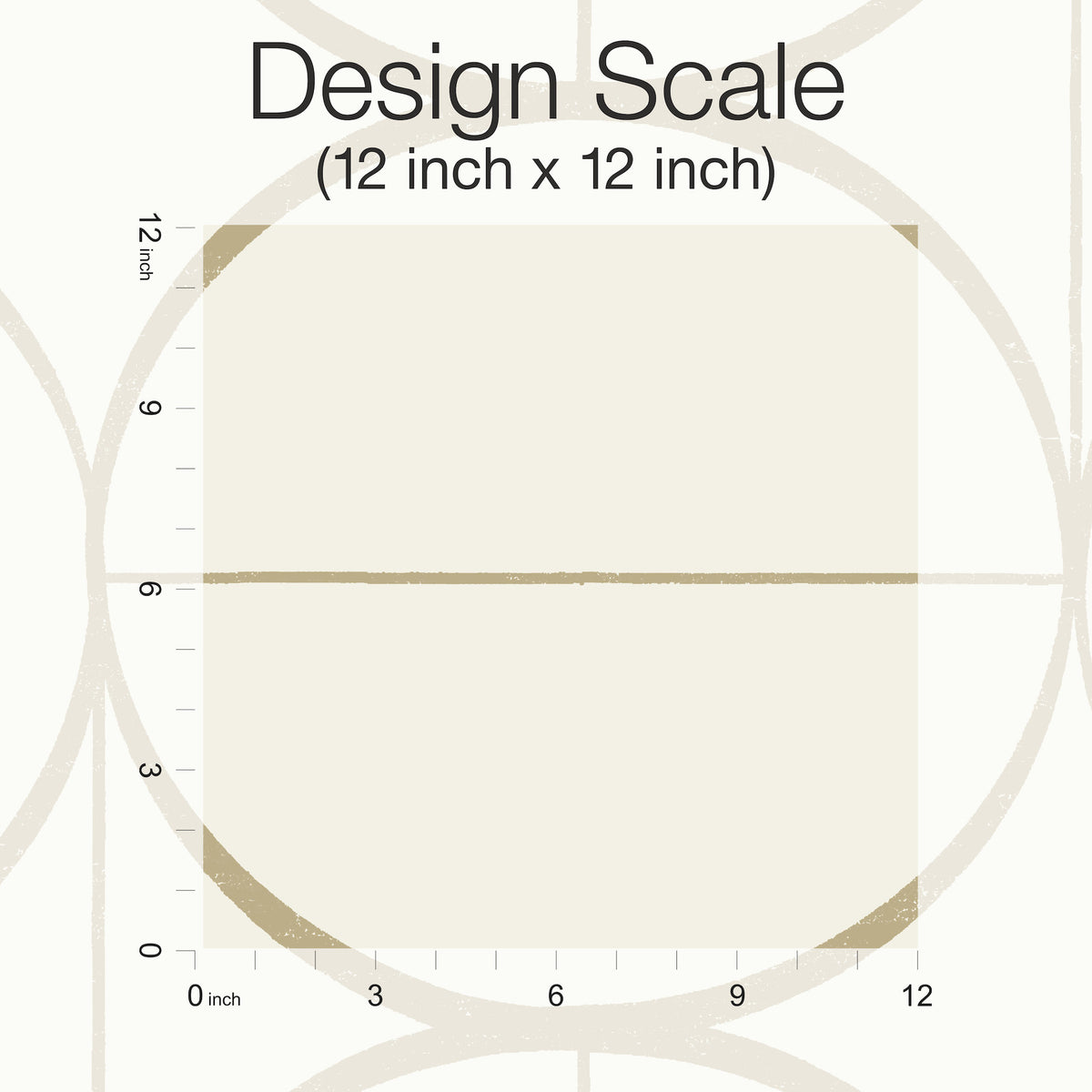 A square grid labeled “Design Scale” (12 in x 12 in) with inch markings along the left and bottom edges, illustrating a 12 by 12 inch area for the Sun Circles Wallpaper by York Wallcoverings.