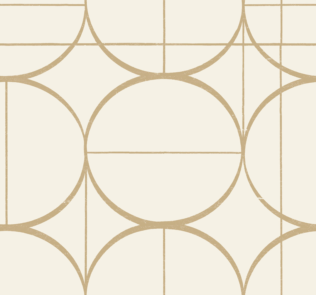 Introducing the Sun Circles Wallpaper by York Wallcoverings: featuring a retro, minimalist, and abstract geometric design with overlapping circles and straight lines in beige on an off-white background.