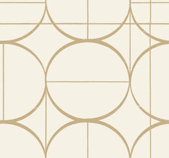 Introducing the Sun Circles Wallpaper by York Wallcoverings: featuring a retro, minimalist, and abstract geometric design with overlapping circles and straight lines in beige on an off-white background.