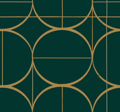 The Sun Circles Wallpaper by York Wallcoverings features a visually intricate and symmetrical geometric pattern of overlapping gold circles and straight lines on a dark green background, creating a modern design.