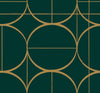 The Sun Circles Wallpaper by York Wallcoverings features a modern, abstract design with gold circles and straight lines intersecting in a repeating geometric pattern on a dark green background.