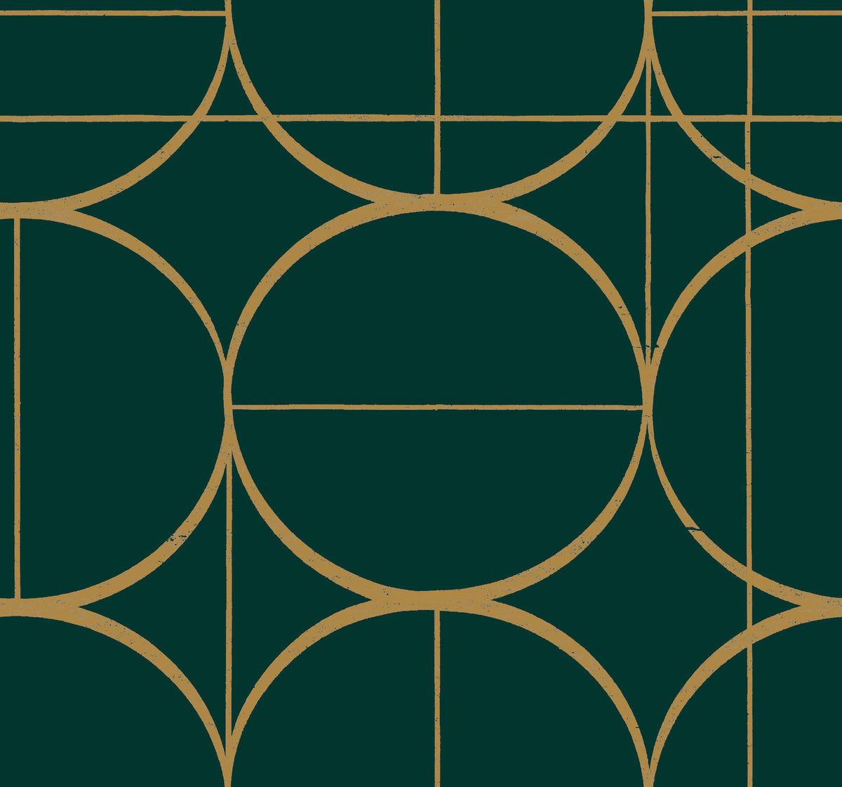 The Sun Circles Wallpaper by York Wallcoverings features a modern, abstract design with gold circles and straight lines intersecting in a repeating geometric pattern on a dark green background.