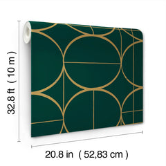 A roll of Sun Circles Wallpaper by York Wallcoverings in dark green with gold geometric patterns. Dimensions: 32.8 ft (10 m) long and 20.8 in (52.83 cm) wide.