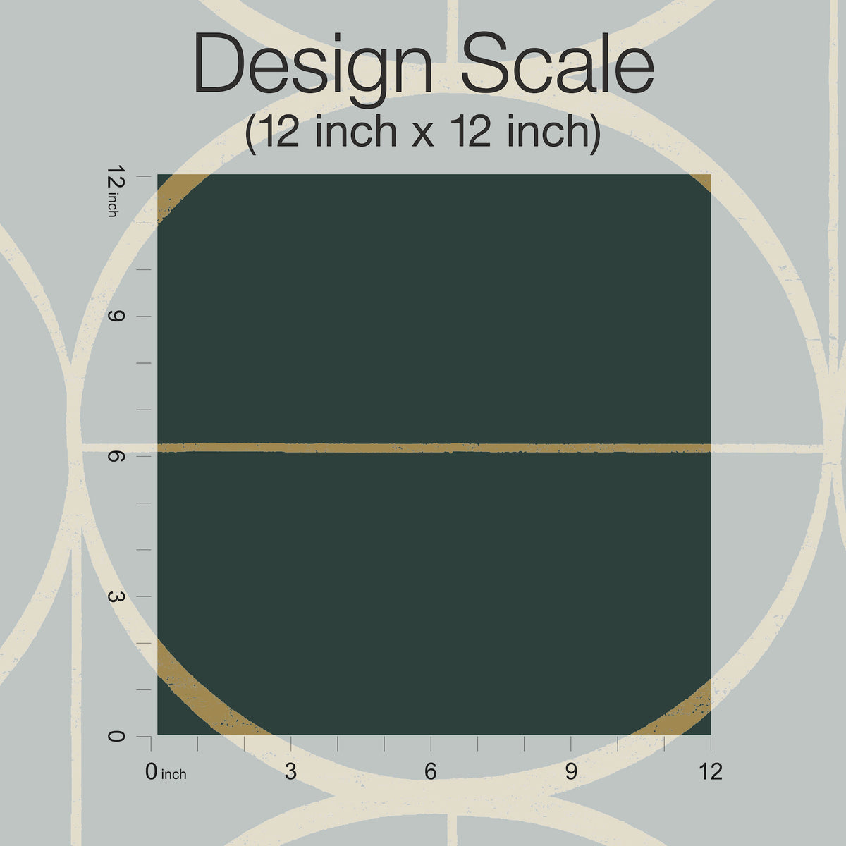 A square labeled “Sun Circles Wallpaper” by York Wallcoverings (12 inch x 12 inch) on a gray background with gold lines and circles, outlined with rulers along the top and left sides marked from 0 to 12 inches.
