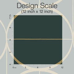 A 12 inch by 12 inch dark green square, representing the Design Scale, is displayed on a gray background with gold and white circular patterns from York Wallcoverings’ Sun Circles Wallpaper, with rulers positioned along the left and bottom edges.
