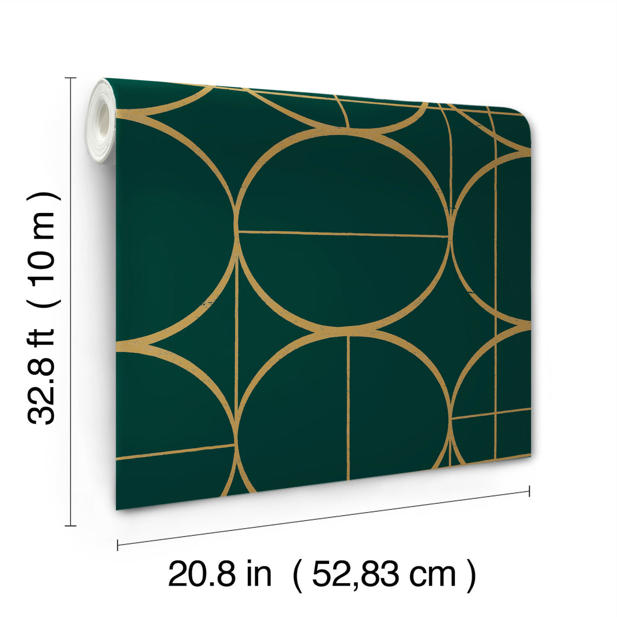 The Sun Circles Wallpaper by York Wallcoverings features a dark green background with gold geometric circles and line patterns. Each roll measures 32.8 ft (10 m) in length and 20.8 in (52.83 cm) in width.