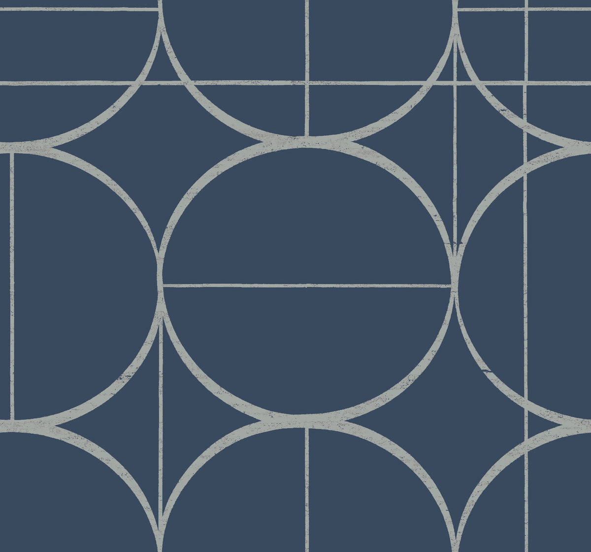 Sun Circles Wallpaper by York Wallcoverings features a navy blue background adorned with a geometric, abstract pattern of intersecting white lines that form circles and straight lines.