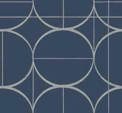Sun Circles Wallpaper by York Wallcoverings features a navy blue background adorned with a geometric, abstract pattern of intersecting white lines that form circles and straight lines.