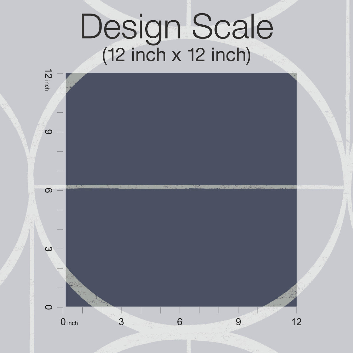 A 12 inch by 12 inch dark blue square, labeled with inch markings along the top and left sides, sits on a background featuring circles and grids from the Sun Circles Wallpaper by York Wallcoverings. Above the square, text reads “Design Scale (12 inch x 12 inch).”.