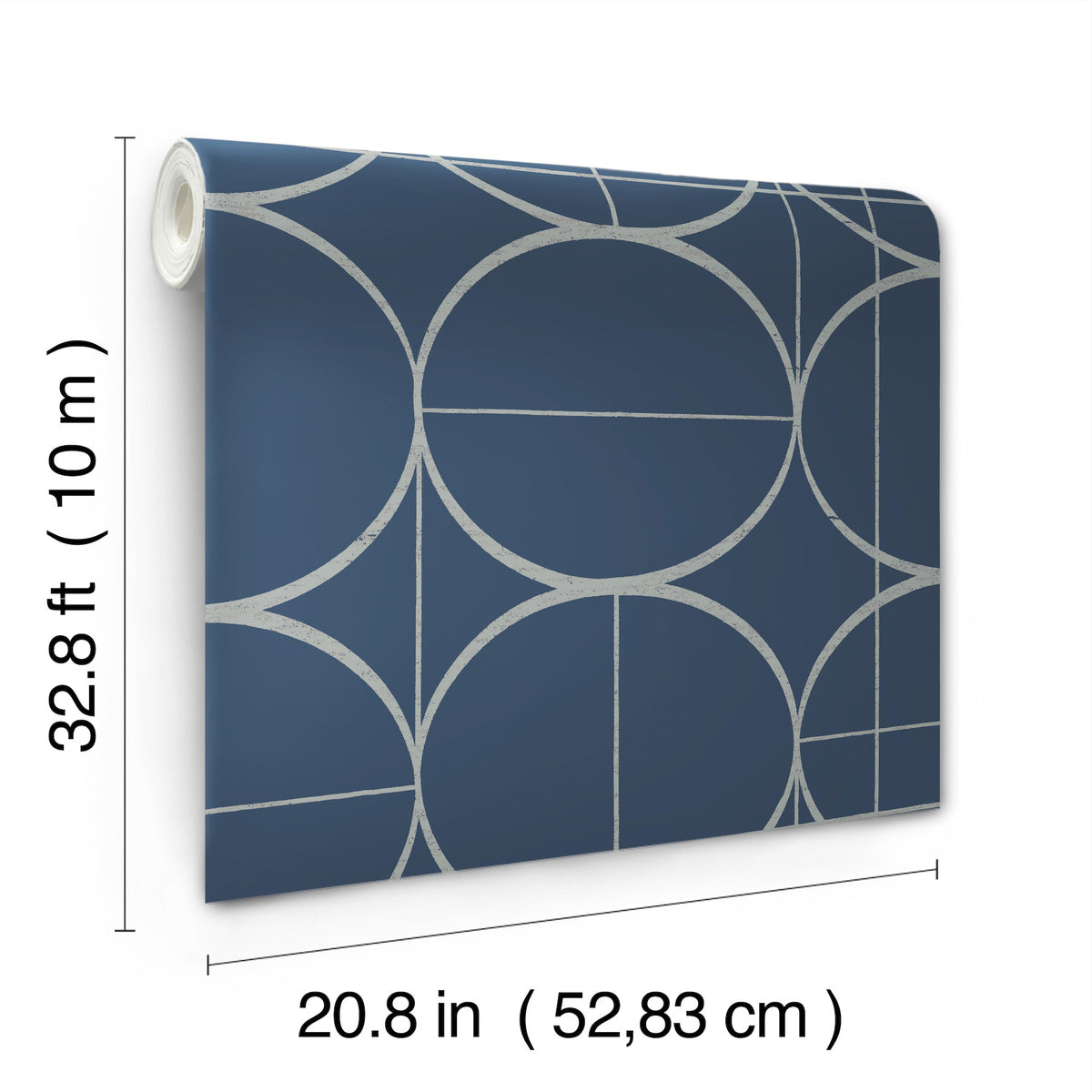 Introducing the Sun Circles Wallpaper by York Wallcoverings, featuring a blue background adorned with a silver geometric circle pattern. This rolled wallpaper measures 32.8 ft (10 m) in length and 20.8 in (52.83 cm) in width.
