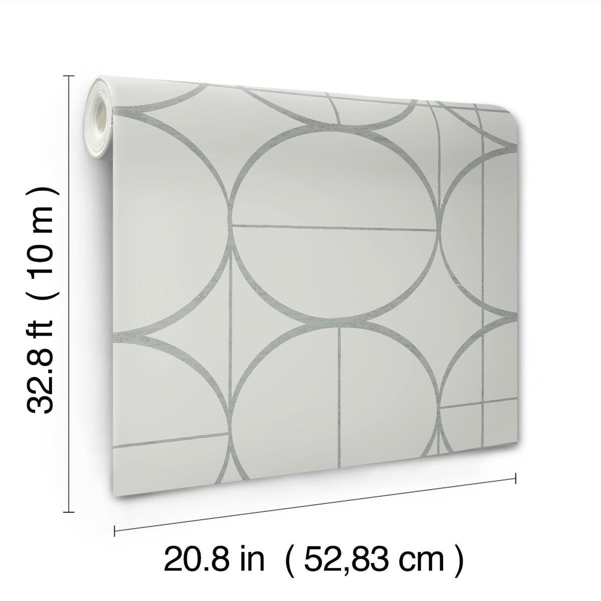 The Sun Circles Wallpaper by York Wallcoverings features a geometric circle pattern and comes in a roll measuring 32.8 ft (10 m) long and 20.8 in (52.83 cm) wide.