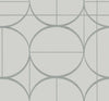 Sun Circles Wallpaper by York Wallcoverings features a minimalist and modern abstract design of large overlapping circles and straight lines in light gray on a white background.