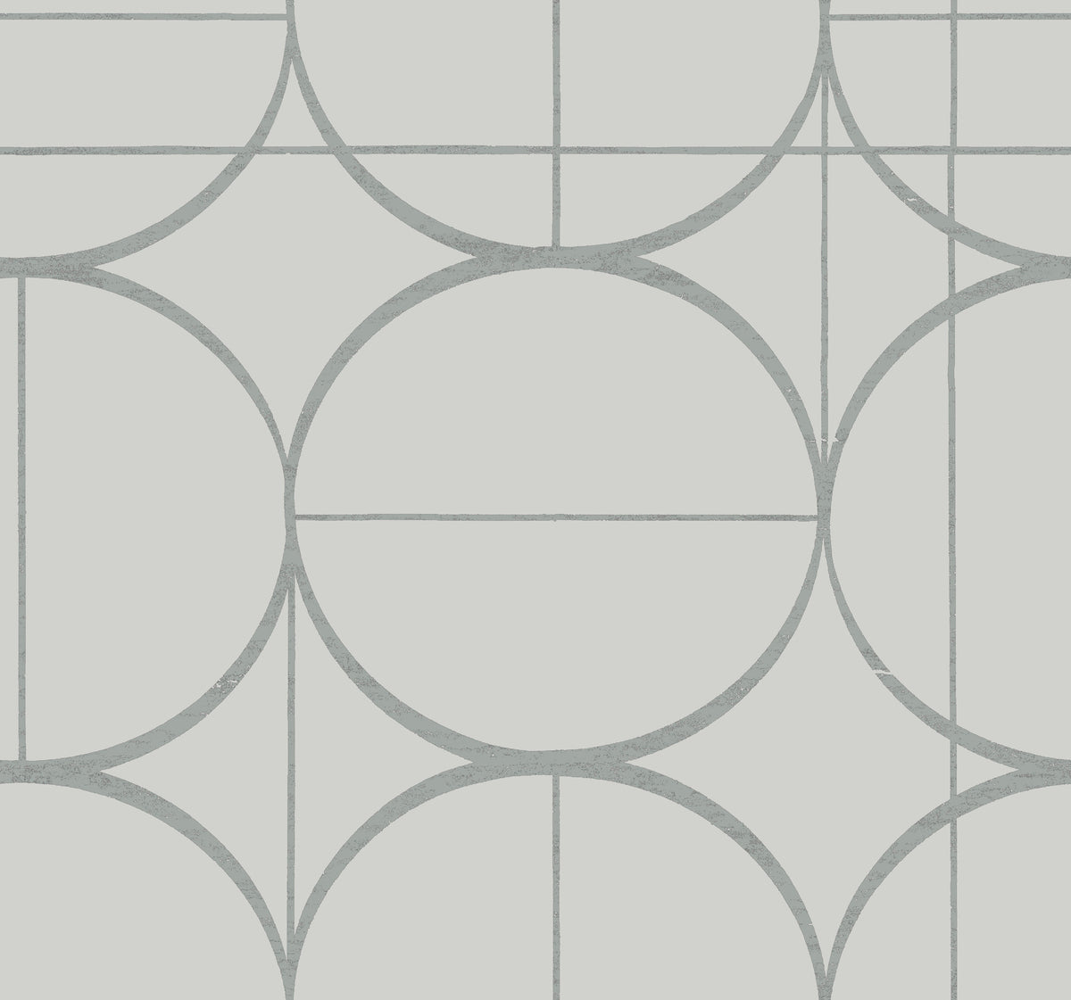 Sun Circles Wallpaper by York Wallcoverings features a minimalist and modern abstract design of large overlapping circles and straight lines in light gray on a white background.