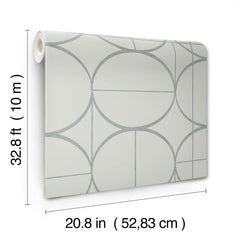 Sun Circles Wallpaper by York Wallcoverings features a geometric circle and line pattern. Each roll measures 32.8 feet (10 meters) in length and 20.8 inches (52.83 cm) in width, displayed against a plain white background.