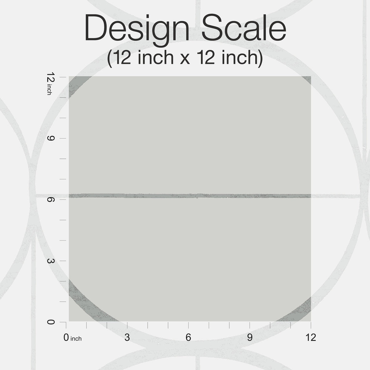 A 12 inch by 12 inch gray square labeled with rulers along the left and bottom edges, titled “Sun Circles Wallpaper (Design Scale: 12 inch x 12 inch)” by York Wallcoverings, displayed on a light background featuring faint circular patterns.