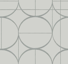 Introducing the Sun Circles Wallpaper by York Wallcoverings, featuring a modern, abstract design of overlapping gray circles and straight lines on a white background.