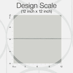 The Sun Circles Wallpaper by York Wallcoverings features a 12-inch by 12-inch grayscale design scale chart with labeled axes and a transparent square overlay, providing precise measurement for design purposes.