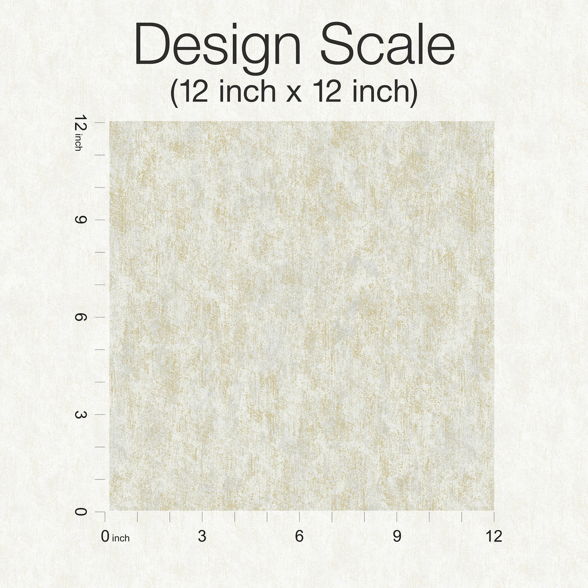 A 12 inch by 12 inch sample of York Wallcoverings’ Shimmering Patina Wallpaper in light beige, featuring a textured square with measurement markings along the left and bottom edges and labeled “Design Scale (12 inch x 12 inch)” at the top.