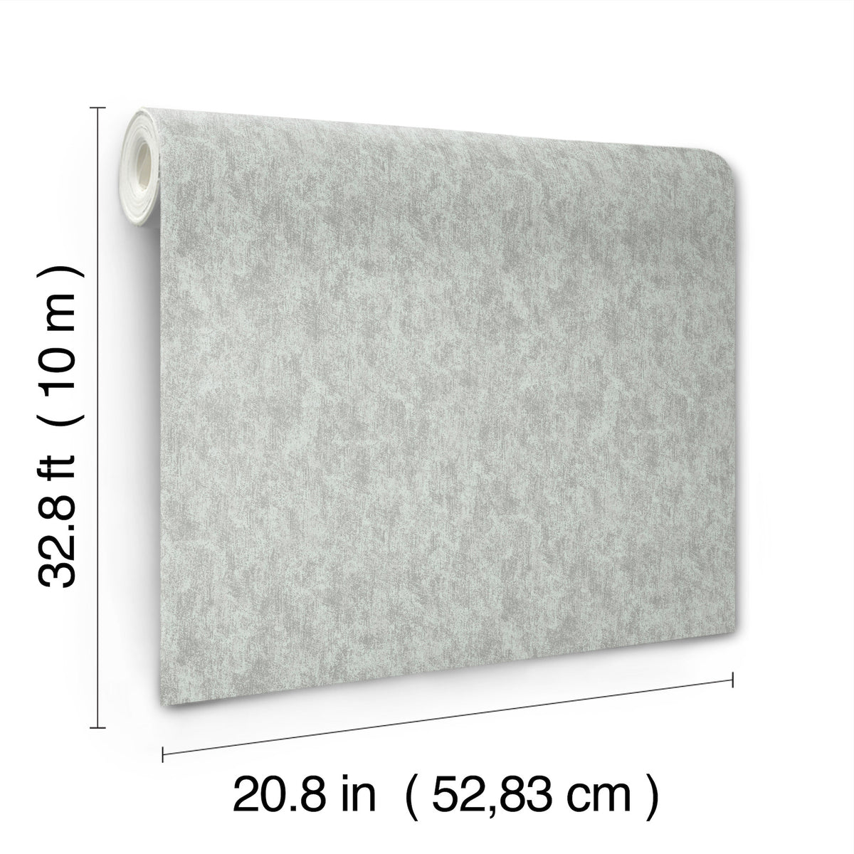 The Shimmering Patina Wallpaper by York Wallcoverings is shown on a white background, featuring a roll that measures 32.8 ft (10 m) in length and 20.8 in (52.83 cm) in width.