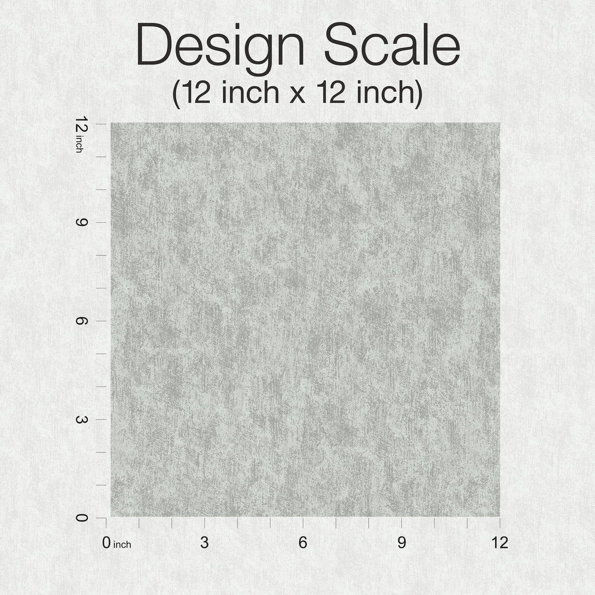 A textured gray square with measuring guides along the top and left edges illustrates the Design Scale (12 inch x 12 inch) for York Wallcoverings’ Shimmering Patina Wallpaper.