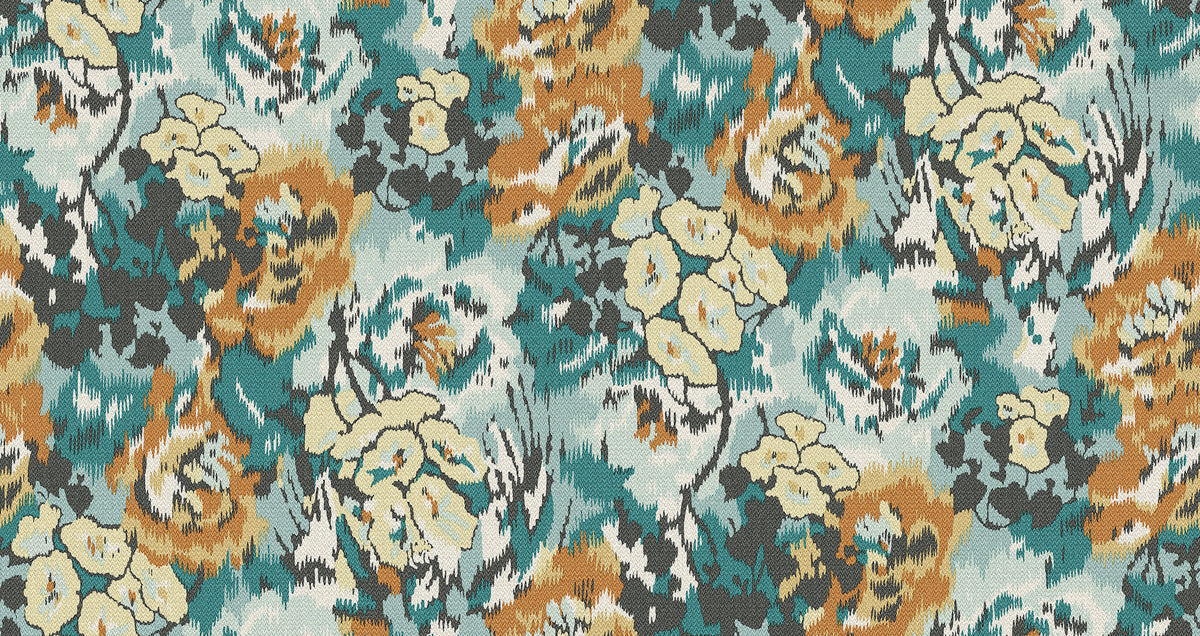 Add a vibrant touch to your space with the Flower Pot Wallpaper by York Wallcoverings, featuring an abstract floral pattern in yellow, orange, and teal set against a textured fabric-like background with dark green and white brushstroke accents.