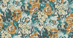 Add a vibrant touch to your space with the Flower Pot Wallpaper by York Wallcoverings, featuring an abstract floral pattern in yellow, orange, and teal set against a textured fabric-like background with dark green and white brushstroke accents.