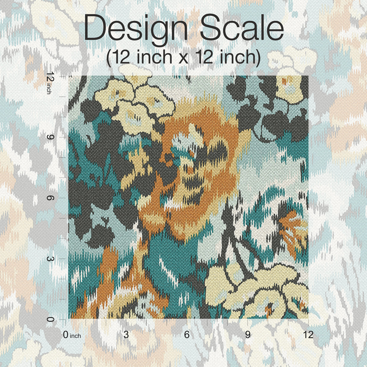 A 12x12 inch square sample displays the “Flower Pot Wallpaper” by York Wallcoverings, featuring a textured, woven floral pattern in teal, gold, black, and beige. Rulers along the top and left edges indicate inches, with text above reading Design Scale (12 inch x 12 inch).