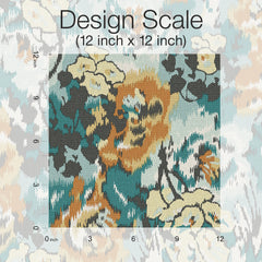 A 12x12 inch square sample displays the “Flower Pot Wallpaper” by York Wallcoverings, featuring a textured, woven floral pattern in teal, gold, black, and beige. Rulers along the top and left edges indicate inches, with text above reading Design Scale (12 inch x 12 inch).