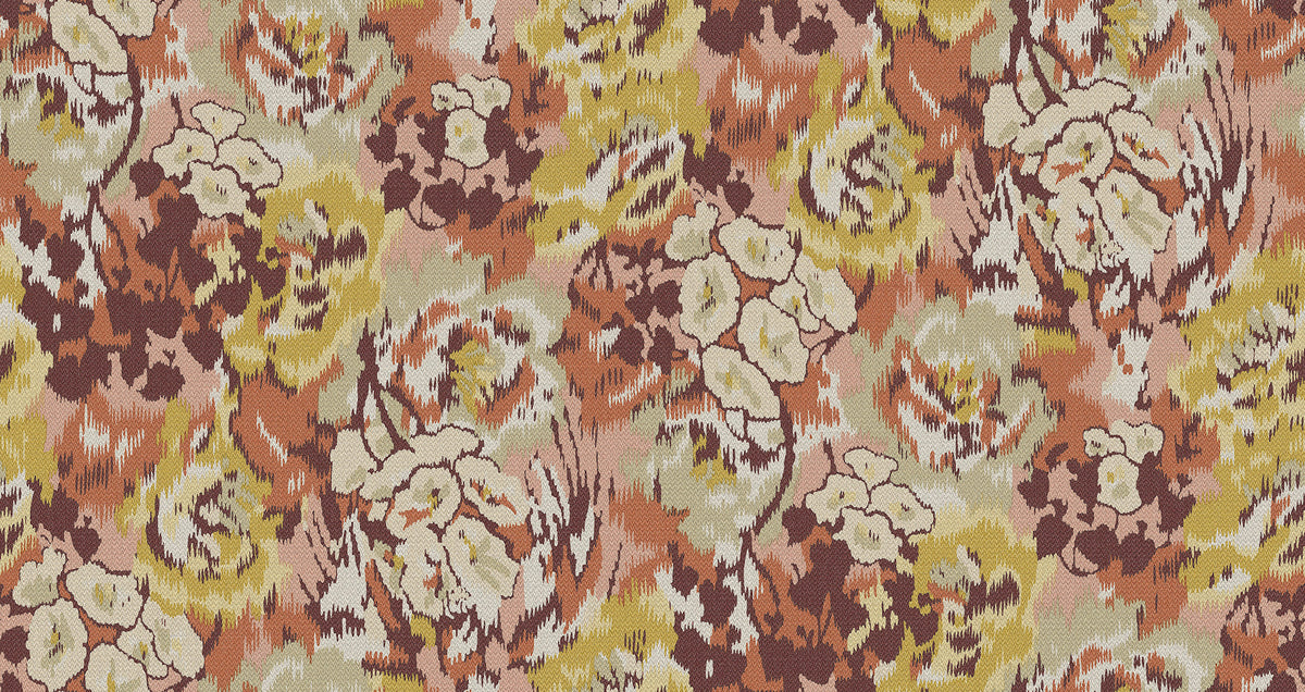 Introducing the Flower Pot Wallpaper by York Wallcoverings, featuring an abstract floral tapestry design in warm shades of yellow, orange, cream, and brown. Painterly brushstroke textures lend a vintage, decorative fabric look to this stunning wallpaper.