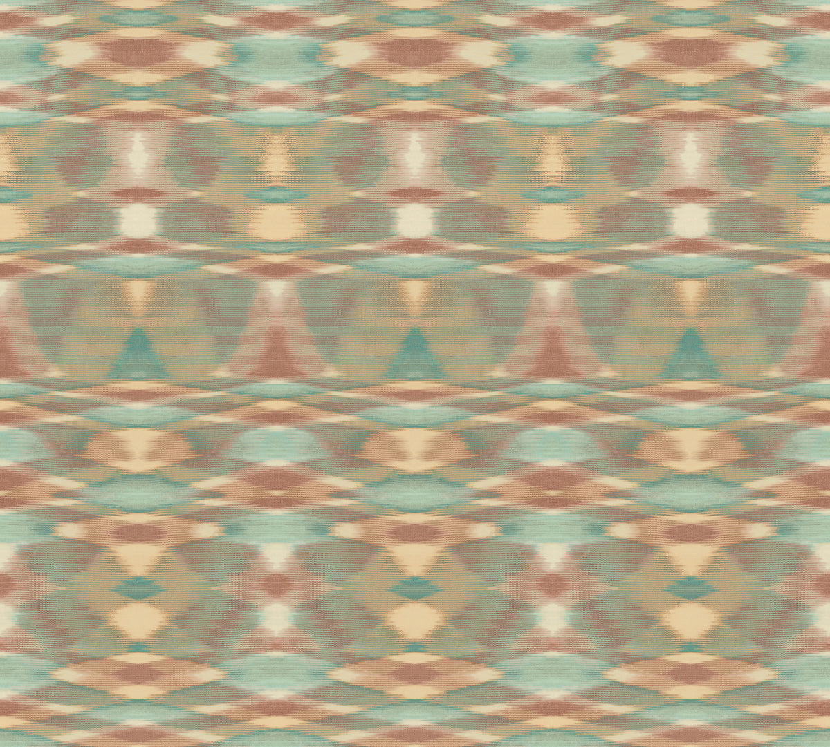 The Sunrise Flame Wallpaper by York Wallcoverings features a geometric pattern with repeating diamond and oval shapes in muted shades of brown, teal, and beige, creating a symmetrical, retro-inspired abstract design with a textured woven look.