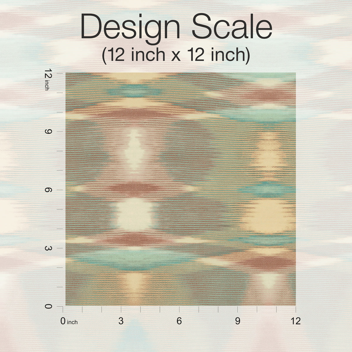 A 12x12 inch square sample of York Wallcoverings’ Sunrise Flame Wallpaper, featuring an abstract, multicolor textile pattern. A ruler along the top and left edges displays inch measurements, with text reading “Design Scale (12 inch x 12 inch).”.