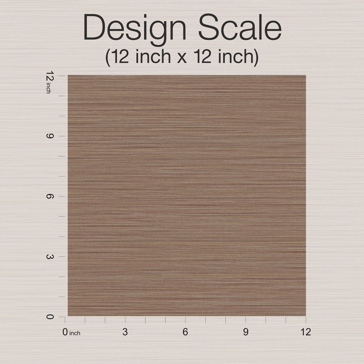 A brown wood-textured square with horizontal lines, labeled as Cannete Wallpaper by York Wallcoverings, is shown with rulers on the top and left sides indicating a 12 inch x 12 inch design scale.