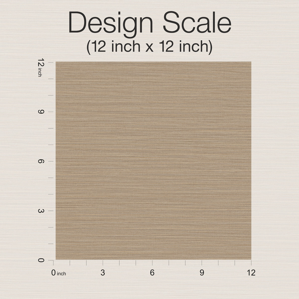 A tan square textured sample of Cannete Wallpaper by York Wallcoverings is shown with rulers along the top and left sides, marked from 0 to 12 inches. Text above reads: Design Scale (12 inch x 12 inch).