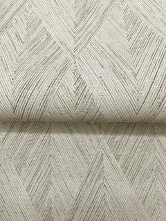 Magnolia Home Challenger Wallpaper featuring a light beige geometric chevron pattern created by thin, dark vertical lines.