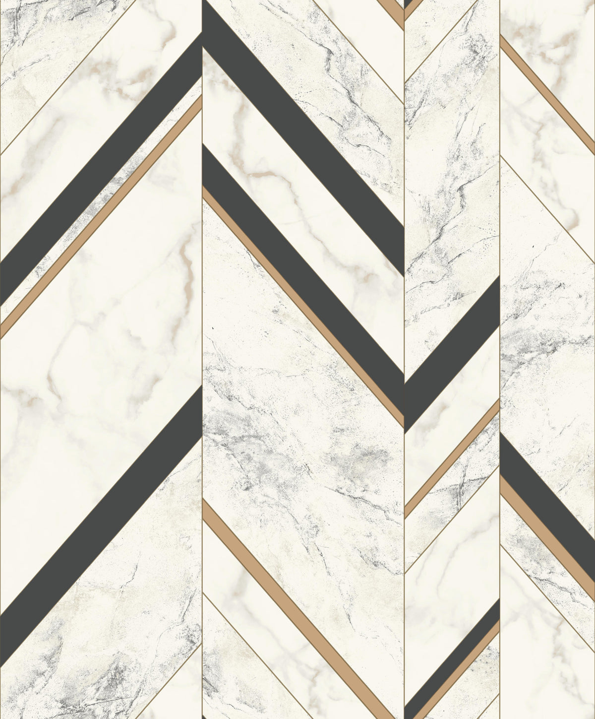 Marble Chevron Wallpaper featuring a marble pattern arranged in a chevron design with alternating diagonal black and gold stripes.