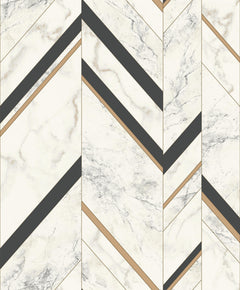 Marble Chevron Wallpaper featuring a marble pattern arranged in a chevron design with alternating diagonal black and gold stripes.