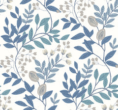Transform your space with the Eden Retreat Wallpaper by York Wallcoverings, featuring a seamless pattern of blue and teal leafy branches accented with beige pods and flowers on a crisp white background. This delicate botanical design creates an elegant, nature-inspired aesthetic for any room.