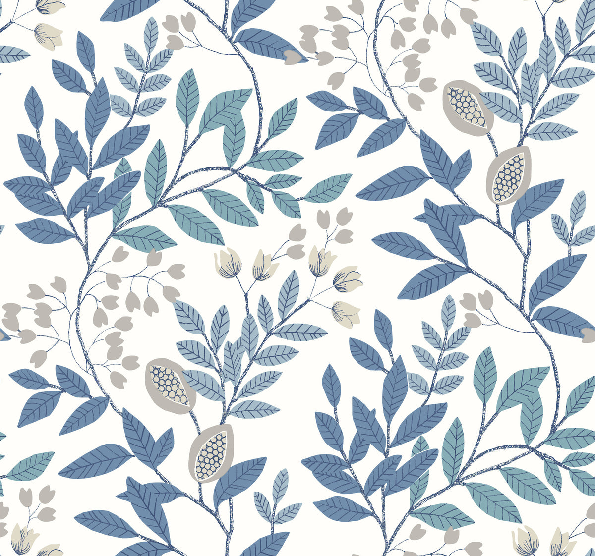 Introducing “Eden Retreat Wallpaper” by York Wallcoverings, featuring a seamless pattern of blue leafy branches adorned with beige flowers and seed pods on a crisp white background, creating an elegant botanical design.