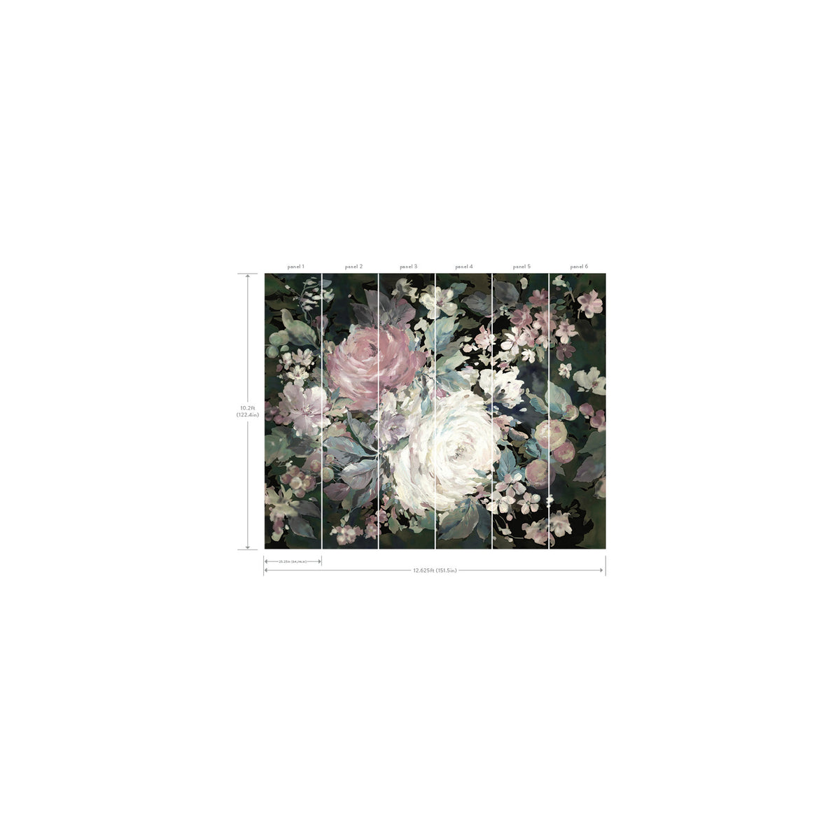 The Impressionist Floral Wall Mural features large pink and white flowers with green leaves, divided into six vertical panels. The dimensions are 10.5 feet wide by 9 feet high.