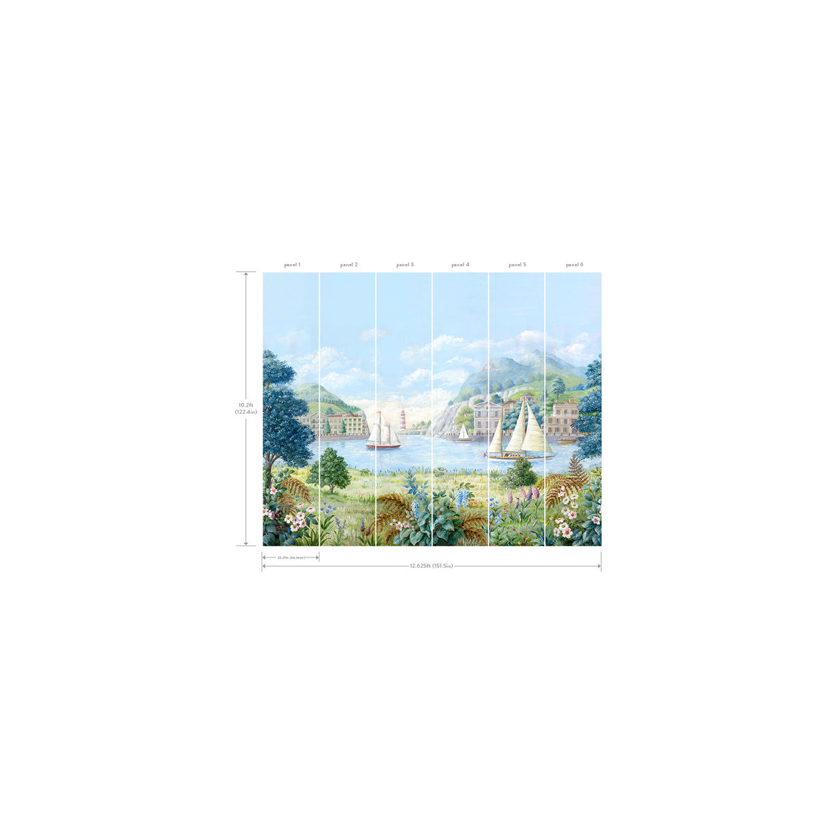 Safe Harbor Wall Mural features a scenic depiction of sailboats on a lake, set against a picturesque backdrop of mountains, trees, and buildings. Vibrant flowers and lush greenery appear in the foreground, with panel lines and dimensions indicated over the image.