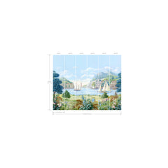 Safe Harbor Wall Mural features a scenic depiction of sailboats on a lake, set against a picturesque backdrop of mountains, trees, and buildings. Vibrant flowers and lush greenery appear in the foreground, with panel lines and dimensions indicated over the image.