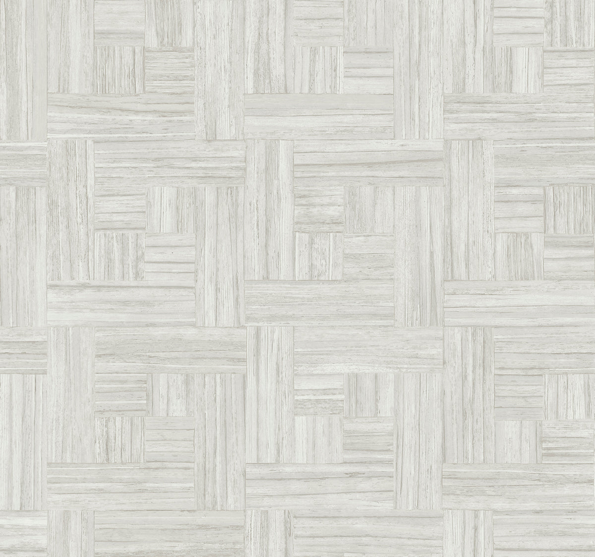 Tesselle Wallpaper in light gray featuring a repeating parquet wood grain pattern in a woven block design.