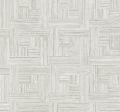 Tesselle Wallpaper in light gray featuring a repeating parquet wood grain pattern in a woven block design.