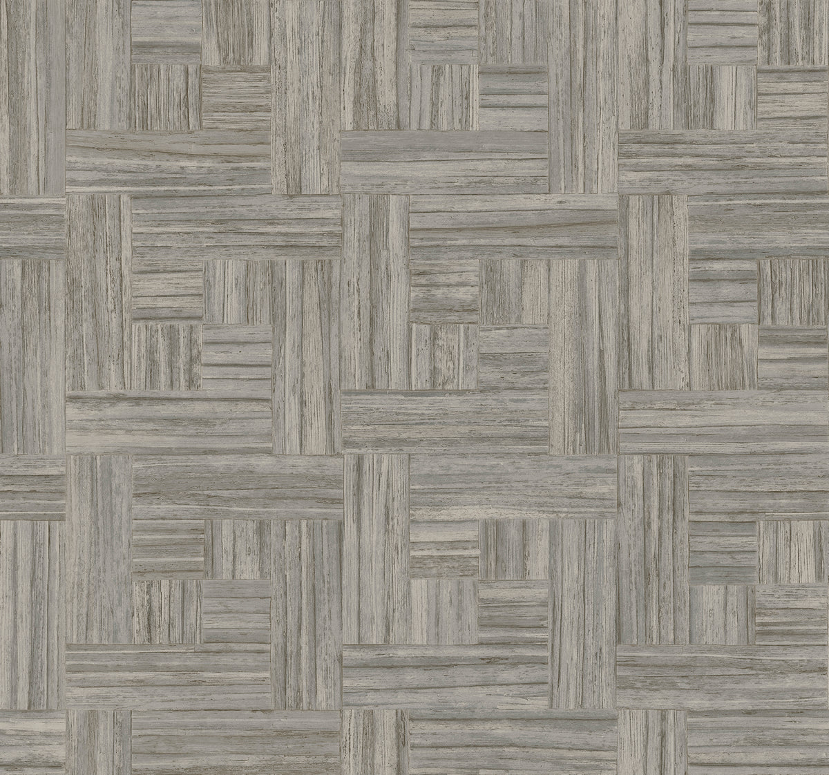 Tesselle Wallpaper featuring a geometric pattern of gray wood grain planks arranged in a basket-weave design.